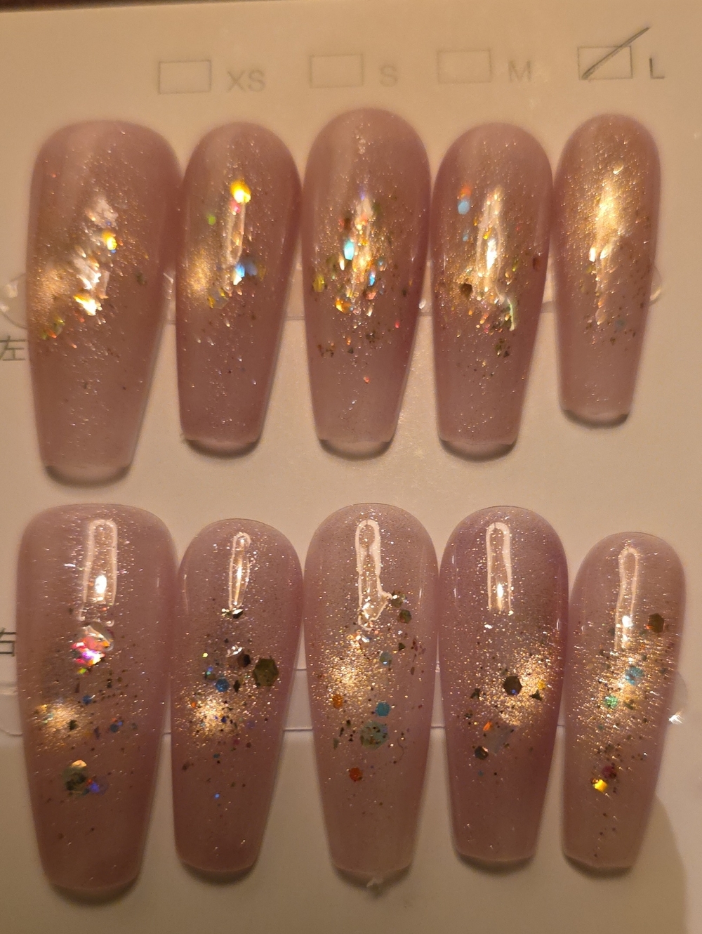 Press-On Nail Set in Mauve with Holographic Glitter - Size Large
